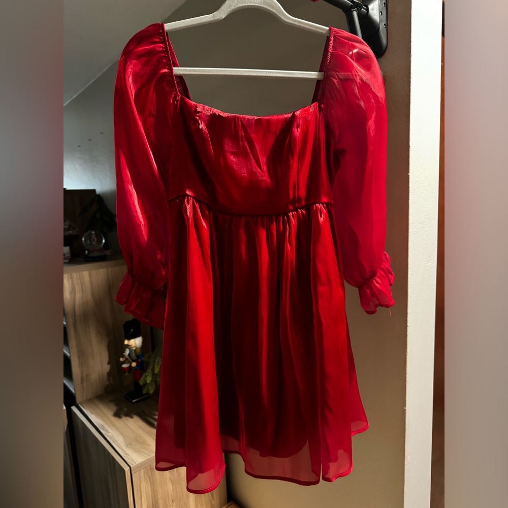 Womens Puff Sleeve Square Neck Puffy Dress Babydoll Mesh Minidress Red (Medium)